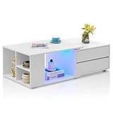 TUKAILAi Weißer Ausziehbarer Couchtisch mit LED-Lichtern, Couchtisch mit Stauraum, 4 Schubladen, großes Aufbewahrungsregal Holzsofa, Moderner Holztisch, Wohnzimmer Kaffeetisch