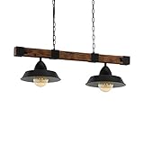 EGLO Pendellampe Oldbury, 2 flammige Vintage Pendelleuchte im Industrial Design, Hängelampe aus Stahl und Holz, Farbe: Schwarz, braun rustikal, Fassung: E27, L: 86 cm