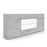 Vladon Sideboard Rova, Kommode mit 4 Türen und 4 Schubladen, Weiß matt/Beton Oxid Optik/Weiß Hochglanz (166 x 72 x 35 cm)
