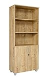 furni24 Aktenschrank mit Zylinderschloss–Oben offen, 3 verstellbare Regalfächer, unten 2 verstellbare Regalfächer mit Doppeltür und Ganzmetallscharniere, abschließbarer Holzschrank-Eiche, 190x80x40cm