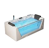 Luxus Designer Whirlpool Badewanne Mailand mit 14 Massage Düsen 180x88 cm + Glas + LED + Heizung + Ozon + Radio für Eckmontage rechts + links + freistehend an nur 1 Wand Hot Tub Spa für 2 Personen