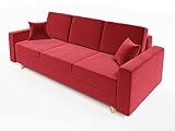 Sofa Kent mit Schlaffunktion und Bettkasten 236x90 cm Moderne Schlafcouch Bettsofa Couch Schalfsofa Bettsofa Wohnlandschaft Fabauswahl 3 Sitzer Ausklappbar für Wohnzimmer Gästezimmer (Rot)