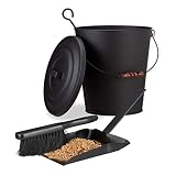 Relaxdays 2 TLG. Kaminreinigungs-Set, Ascheeimer, Kehrgarnitur, Stahl, Deckel, Henkel, Holzgriff, 24 Liter, flach, schwarz