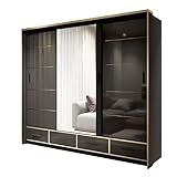 BETTSO -Schwebetürenschrank 203 cm mit Spiegel und 4 Schubladen Kleiderschrank mit Kleiderstange und Led Belechtung Einlegeboden Schlafzimmer- Wohnzimmerschrank Schiebetüren-Bench (Schwarz, 253 cm)