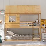 XPSSJMU Hausbett Holz Etagenbett Kinder hausbett mit Dach Leiter und Lattenrost Eichenfarbe 90 X 200 cm für Kinder (Eichenfarbe)