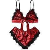 BOTCAM Sexy-Patchwork-Sessel aus Satin Spitze Womens Unterwäsche Bandage Schlafbekleidung String Spitze Rot