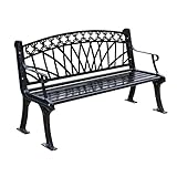 CLoxks Gartenbank 150cm Outdoor Park Bank Gusseisenrahmen Hohl Rückenlehne Freizeit Bank Schwarz Schmiedeeiserne Gartenmöbel mit Armlehnen Bänke für Garten