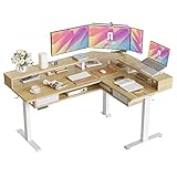 FEZIBO 160cm Schreibtisch Höhenverstellbar Elektrisch mit LED Strip, L Form Gaming Stehpult mit Monitorständer und 2 Schublade, DREI Motoren Groß eckschreibtisch, Hellbraun Tischplatte