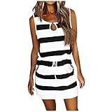 Komiseup Sommerkleid Damen Kurz Tank Kleid Damen Sommer Gestreifte Minikleid Damen Ärmellos aushöhlen Rundhals Kleider mit Tasche Strandkleid Sommerkleider Teenager Mädchen Trägerkleid Partykleid