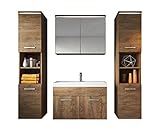 Badezimmer Badmöbel Set Paso XL LED 80cm Braun Eiche - Unterschrank 2X Hochschrank Waschbecken Möbel