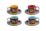 Gall&Zick Set/4 Espressotasse mit Untertasse Mokkatasse Untersetzer Unterteller Tasse Kaffeetasse Teetasse Geschirr Set Keramik Bemalt Bunt Village Design