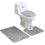 rutschfeste 3 Badteppich Set Super Soft Badteppich und WC Vorleger Memory Foam Pebble Dusche Matte Schnell trocknend Badezimmer Matte Teppich, U-förmigen Contour Matte und WC-Sitz Bezug,Grau