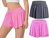 Gyozelem Damen 2-in-1 Flowy Running Athletic Shorts mit Tasche Workout Yoga Biker Shorts, 2 Stück Grau Hot Pink, XX-Large