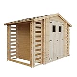 TIMBELA Holzhaus Gartenhaus mit Brennholzschuppen M391 - Gartenschuppen Holz B328xL206xH218 cm/ 3,53 + 0,97 + 0,97 m2 Lagerschuppen für Garten - Fahrrad Schuppen - Wasserfestes Dach
