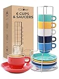 Cosumy Espressotassen mit Ständer 6er Set inkl. Untertassen - Stapelbar - Spülmaschinenfest - Keramik Bunt - 75ml