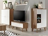 Furn.Design Wohnwand weiß und Eiche Schrankwand Wohnzimmer Highboard, Vitrine, TV Unterteil, Wandboard komplett Set skandinavisch 4 teilig 324 x 160 cm Helge Beleuchtung LED-Beleuchtung Set 1