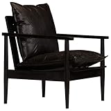 JUNZAI Sessel, Sessel Wohnzimmer, Lesesessel, Stillsessel, Fernsehsessel, Schwarz Echtleder mit Akazienholz