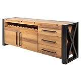 riess-ambiente.de Massives Sideboard Thor 195cm Pinienholz Industrial Design mit Flaschenhalterung Kommode Holzkommode Anrichte