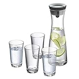 WMF Basic Wasserkaraffe-Set 5-teilig, Karaffe 1l mit 4 Wassergläser 250ml, Glaskaraffe mit Deckel, Silikondeckel, CloseUp-Verschluss