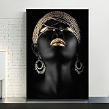 PHOLK Deko Wohnzimmer Abstraktes Gold und Schwarz modernes Make-up-Modell afrikanische Frau Wand Bilder Mädchen-Poster Porträtdruck für Frauen- und Mädchenzimmer Heimdekoration 30x40cm x1 Rahmenlos