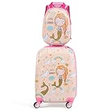 GOPLUS Kinderkoffer mit Rucksack, Kids Trolley, Kindergepäck mit Rollen, Reisekoffer mit Teleskopgriff, Hartschalenkoffer für Kinder, Kindertrolley Farbwahl (Pink)