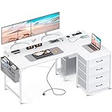 ODK L-förmiger Schreibtisch, Eckschreibtisch Weiß mit USB-Ladeanschluss und Steckdose, Gaming Tisch Ecke mit 4 Schubladen und Monitorablage, L Form Computertisch für den Heimarbeitsplatz, 140x80x87cm