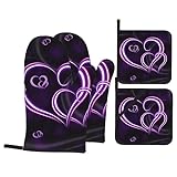 Purple Hearts Isolierte Handschuhe und Pfannenmatte Set, 4er Set, wasserdichte rutschfeste Ofenhandschuhe und Pfannenmatten mit Taschen für Küche Kochen Grill