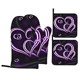 Purple Hearts Isolierte Handschuhe und Pfannenmatte Set, 4er Set, wasserdichte rutschfeste Ofenhandschuhe und Pfannenmatten mit Taschen für Küche Kochen Grill