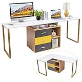 LIFEZEAL Eckschreibtisch in L-Form, Schreibtisch Verstellbar für 2 Personen 220x55cm, Bürotisch Computertisch mit 3 Schubladen & 2 Regalen, Arbeitstisch aus Holz und Eisen für Büro & Arbeitszimmer