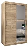 Kryspol Schwebetürenschrank Tokyo 2-120 cm mit Spiegel Kleiderschrank mit Kleiderstange und Einlegeboden Schlafzimmer- Wohnzimmerschrank Schiebetüren Modern Design (Sonoma)