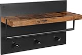 IN-HOMEXL | Wand-Garderobe im Industrial Design, Vintage mit 3 Haken, Stange und Ablage 40 x 60 x 21,5 cm | Schwarz/Braun