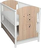 Dedstore-Baby Gitterbett Babybett Kinderbett 120x60 Sonoma Weiß Bärchen Motiv Schublade mit Abdeckung Matratze Komplett Set