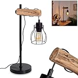 Tischleuchte Gondo aus Metall/Holz in Schwarz/Natur, Retro Tischlampe mit höhenverstallbarem Schirm, E27, Lampe für Büro u. Schreibtisch mit Lichteffekt durch Schirm in Gitter-Optik, ohne Leuchtmittel