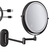 20,3 cm Wand-Schminkspiegel Schwarz, USB wiederaufladbar, doppelseitig mit 3-farbigen LED-Leuchten, 1X/10X Vergrößerungs-Badezimmerspiegel for Rasieren, ausziehbarer Arm, Touch-Steuerung, 1X/10X ( Siz