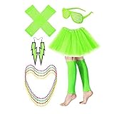 Neon Dance Party Set Jalousien Brille Rose Rd Beinabdeckung Rinbow Rock Bluse Knielang (Green, One Size)
