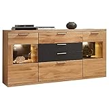 Stella Trading Bianco Sideboard teil-massiv aus Wildeiche - moderne & ausdrucksstarke Kommode inkl. LED-Beleuchtung für Ihren Wohnbereich - 165 x 94 x 42 cm (B/H/T)