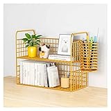 bücherregal Desktop-Organizer, goldener Desktop-Bücherregal, Schreibtisch-Organizer, 2 Schichten, Büro-Desktop-Lagerregal, Bürobedarf, Schreibtisch-Organizer mit Stifthalter, langlebige Stahlgitterkon