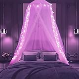 Rosa Betthimmel mit Lichtern für Mädchen Schlafzimmer Dekoration, Prinzessin Baldachin Bettvorhänge mit 100 LED Stern rosa Lichter USB Powered Geschenke für Mädchen Frauen, Einzel- bis King Size Bett