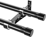 Gardinenstangen Innenlauf 2-Läufig aus Edelstahl, 76-365cm Gardinenstangen Verstellbare mit Kappenknäufen und Halterungen - Dekorative Fenster für Wohnzimmer Schlafzimmer Fenster/Schwarz