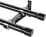 Gardinenstangen Innenlauf 2-Läufig aus Edelstahl, 76-198cm Gardinenstangen Verstellbare mit Kappenknäufen und Halterungen - Dekorative Fenster für Wohnzimmer Schlafzimmer Fenster/Schwarz