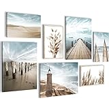 Wandbilder Strand Meer Leuchtturm - KOMPLETT AUFHÄNGFERTIG - Blau Beige Wohnzimmer Schlafzimmer- 7 Moderne Mood-Bilder - N007171a