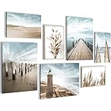 Wandbilder Strand Meer Leuchtturm - KOMPLETT AUFHÄNGFERTIG - Blau Beige Wohnzimmer Schlafzimmer- 7 Moderne Mood-Bilder - N007171a