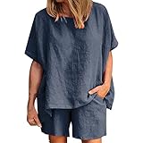 XIAOTUZ Damen Leinen Zweiteiler Sommeranzug Hose und Top Set Freizeitanzug Baumwolle Einfarbig Streatwear Loungewear (Navy #3, L)