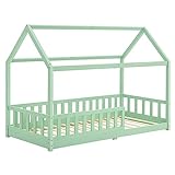 Juskys Kinderbett Marli 90 x 200 cm mit Rausfallschutz, Lattenrost und Dach - Massivholz Hausbett für Kinder - Bett in Mint