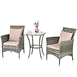 GIANTEX Balkonmöbel Kleiner Balkon, Rattan Gartenmöbel Set Bistrotisch mit 2 Stühlen, Rattan Balkonmöbel Set Balkon 2 Personen, Balkon Möbel für kleinen Balkon, inkl. Kissen, Balkonset 3 teilig