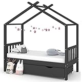 BULANED Babybett mit Schublade, Babybett, Hausbett, Baby Bett, Betten, Dunkelgrau Massivholz Kiefer 80x160 cm
