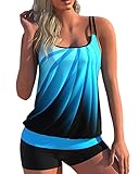 Minetom Tankini Damen Bauchweg Bademode Set Zweiteilig Badeanzug Strand Schwimmanzug Swimsuits Bikini Tank Top Shorts Oberteile und Badeshorts C Blau XL