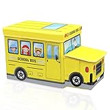 INTIRILIFE Faltbarer Sitzhocker für Kinder 55x31x26 cm SCHULBUS - Sitzwürfel mit Stauraum und Deckel aus Kunstleder - Sitzcube Spielzeugkiste Spielzeugbox Truhe Sitzkiste