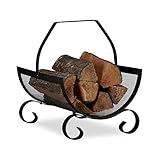 Relaxdays Kaminholzkorb schwarz, Brennholzkorb groß, Holzwiege Kamin, Feuerholzkorb Metall, HxBxT 40 x 33 x 38 cm, black