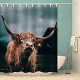 MOXINO Hochlandvieh Duschvorhang Anti-Schimmel 120x180 cm Polyester Stoff Textil Waschbar Badvorhang 3D Tier Kuh Motiv Design Duschvorhänge Wasserdicht Badezimmer Vorhänge mit 12 Haken
